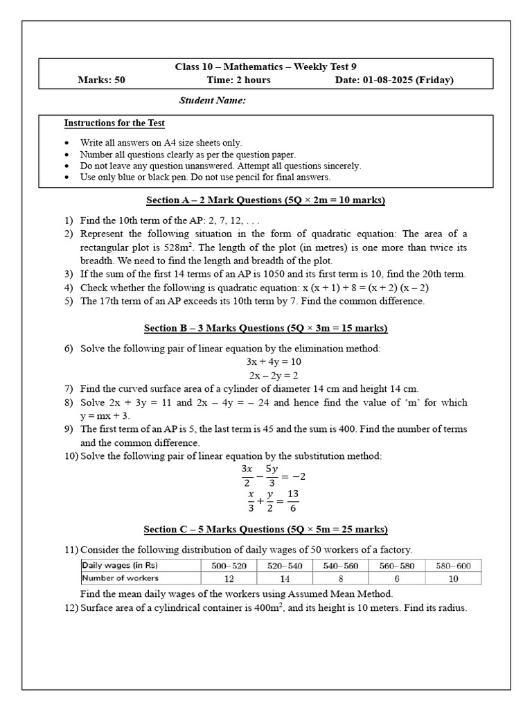 Math Qp-Weekly Test 9 (01 August 2025) | PDF | Area | Equations