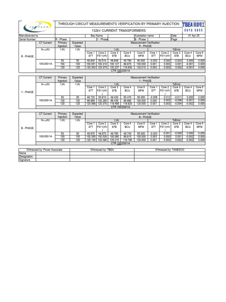 Primary Injection Test Results for CTs | PDF | Electricity | Electrical ...
