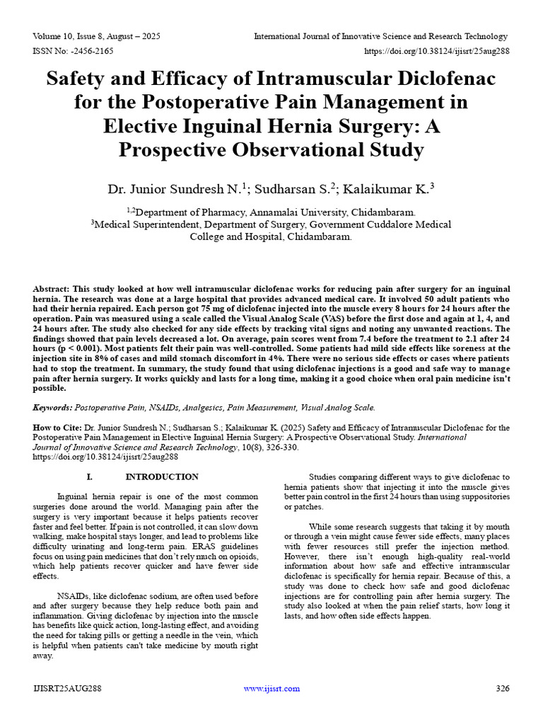 Safety and Efficacy of Intramuscular Diclofenac For The Postoperative ...