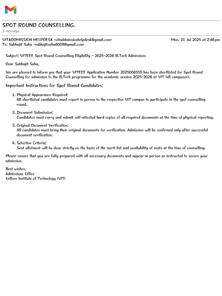VITEEE Spot Round Counselling 2025 | PDF