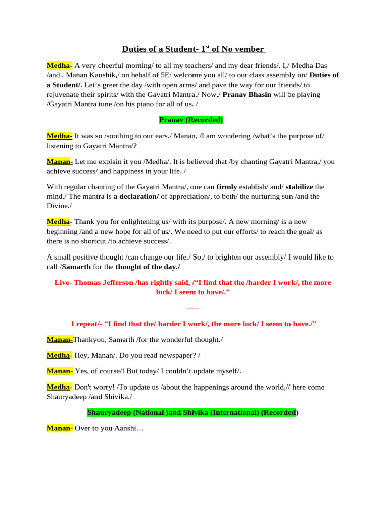 Class Assembly Script - 5E | PDF