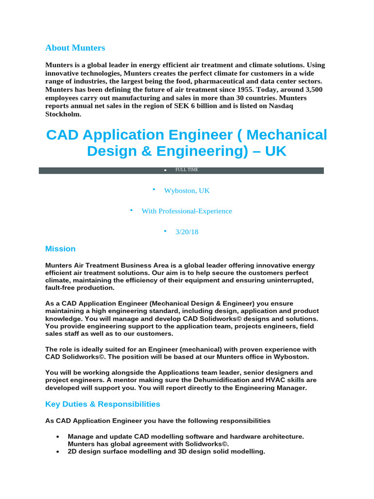 CAD Application Engineer Role at Munters | PDF | Engineering