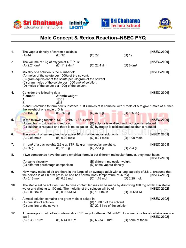 NSEC PYQ: Mole Concept & Redox | PDF | Mole (Unit) | Redox