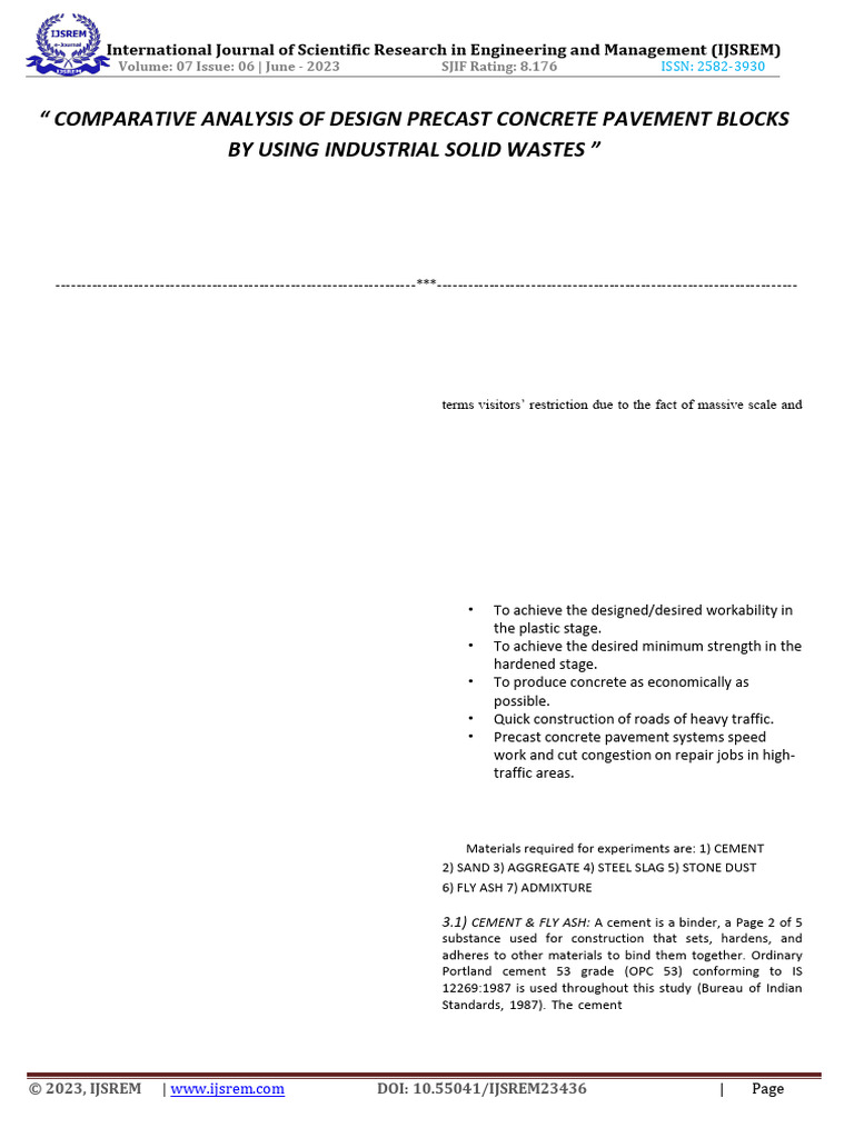 Precast Concrete Pavement Analysis Using Waste | PDF | Concrete | Cement
