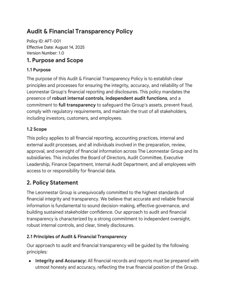 Audit & Financial Transparency Policy | PDF | Audit | Internal Audit