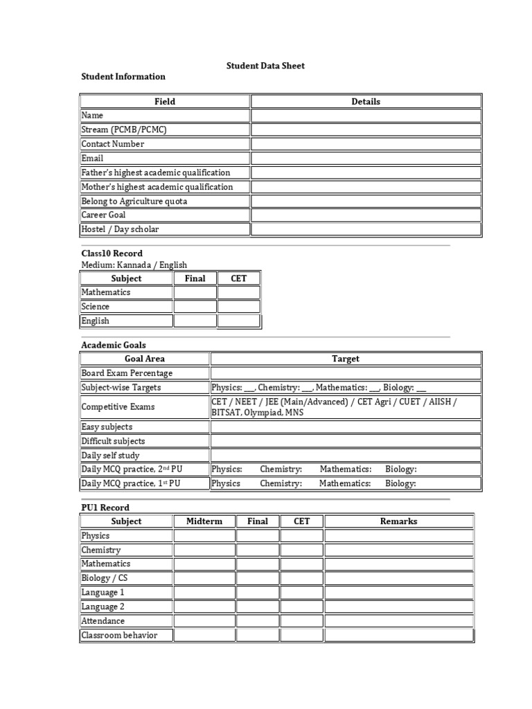 Student Data Sheet | PDF