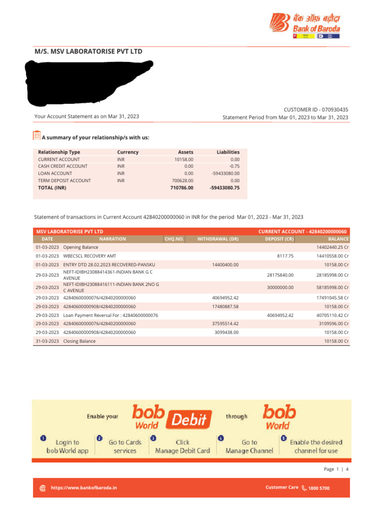 MSV BOB Statement Mar 23 | PDF | Transaction Account | Deposit Account