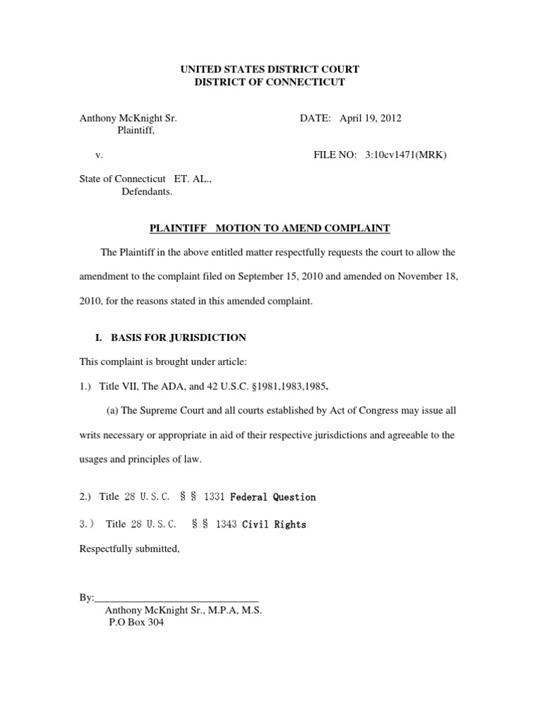 Motion To Amend Complaint United States District Court Complaint