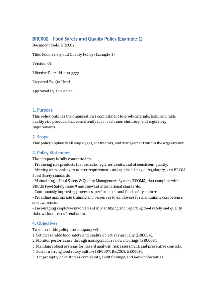 Food Safety & Quality Policy Overview | PDF