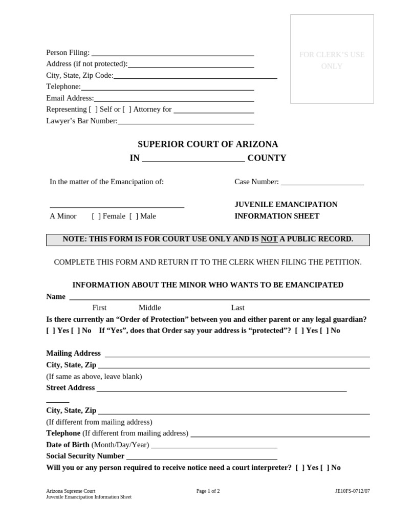 Arizona Juvenile Emancipation Form | PDF