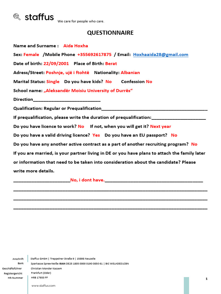 Aida Hoxha's Professional Questionnaire | PDF