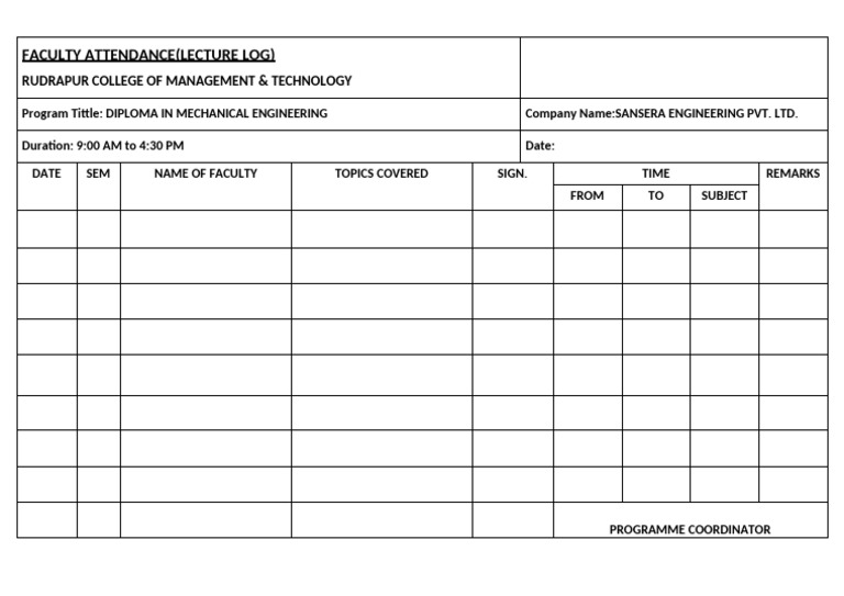Faculty Attendance Log for Diploma Program | PDF