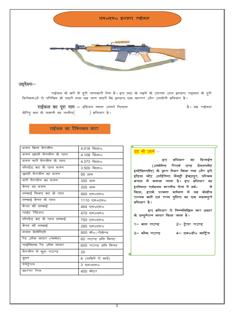 INSAS Rifle Parts and Technical Data | PDF