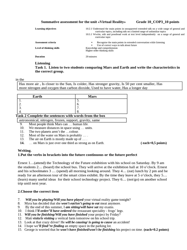 Grade 10 Virtual Reality Assessment Guide | PDF | Mars | Earth