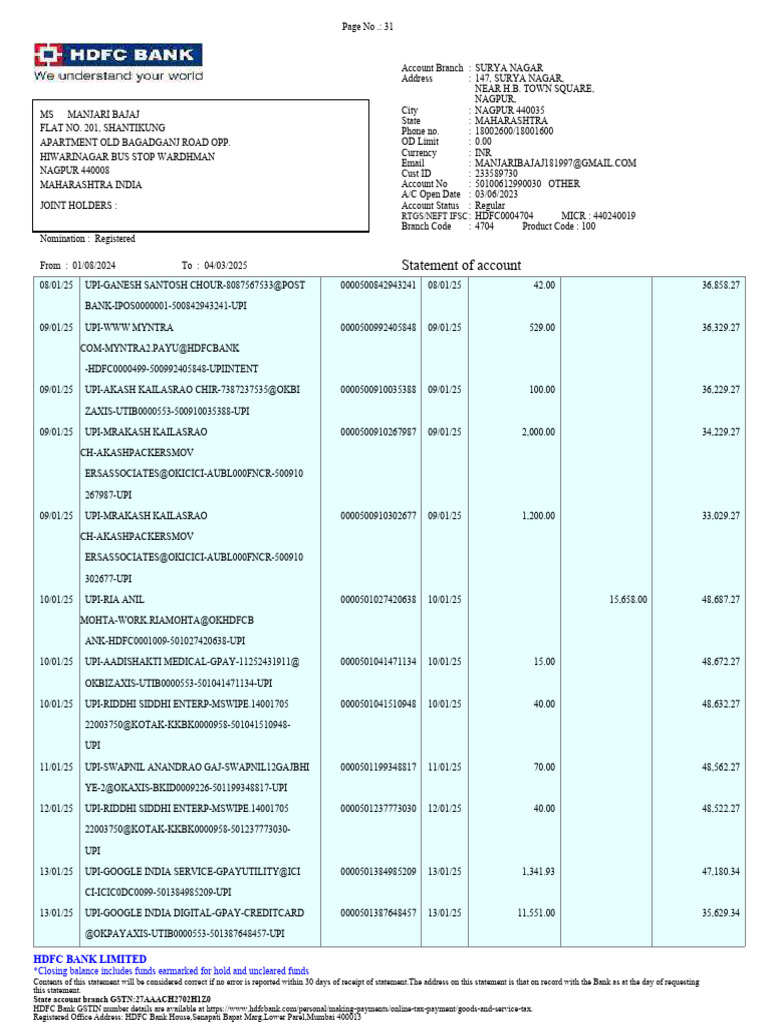 HDFC Bank Account Statement Summary | PDF | Banking | Financial Services