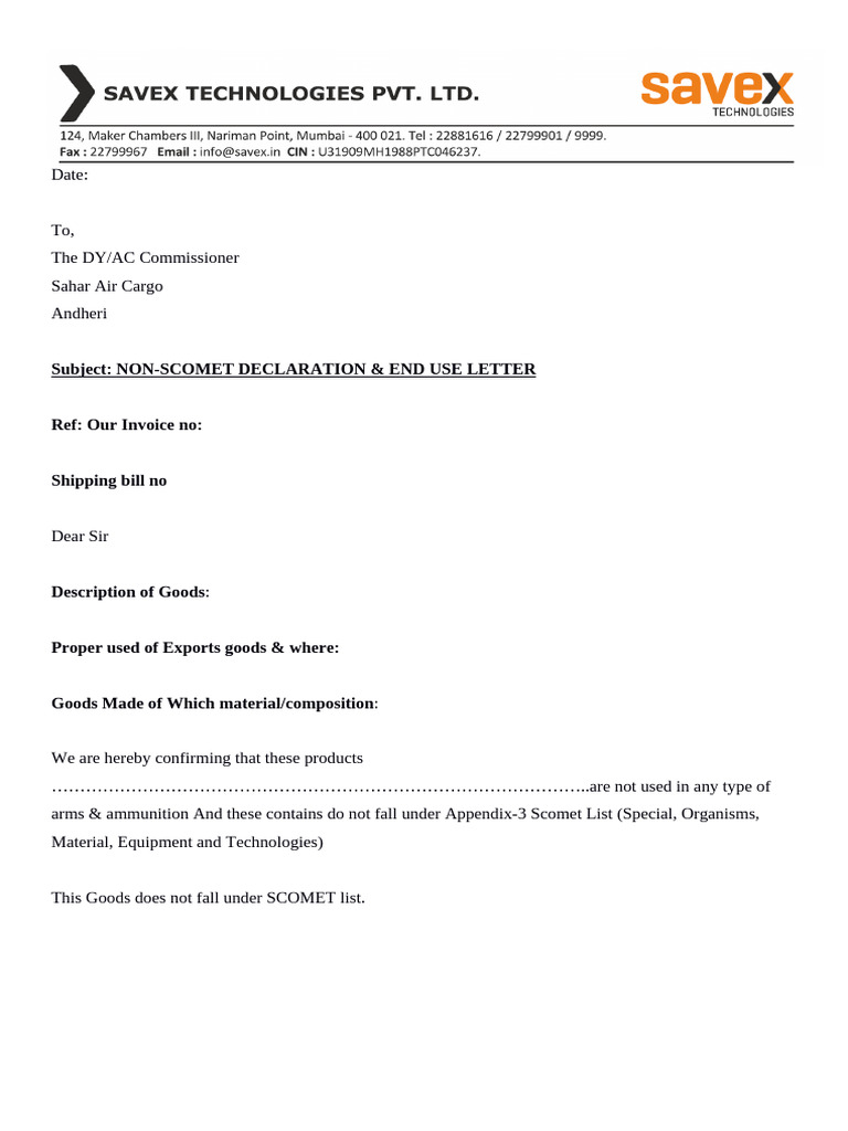 Non-SCOMET Declaration Letter | PDF