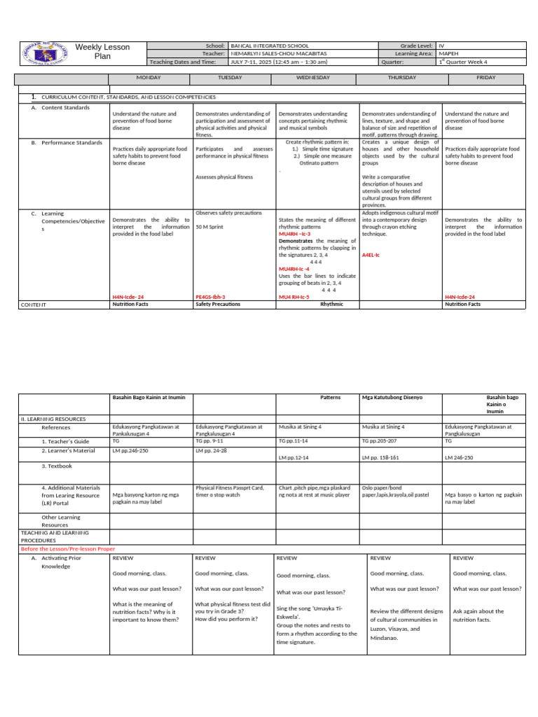 Grade 4 MAPEH Weekly Lesson Plan | PDF | Learning | Multiple Choice