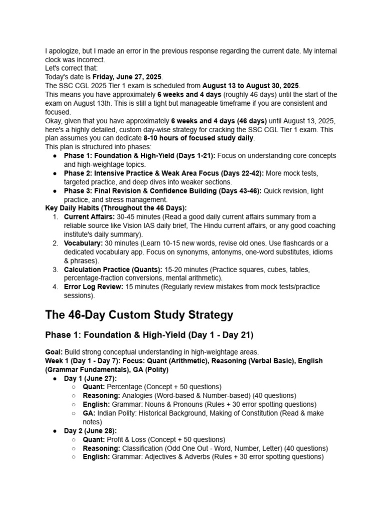 SSC CGL 2025: 46-Day Study Plan | PDF | English Language | Linguistics