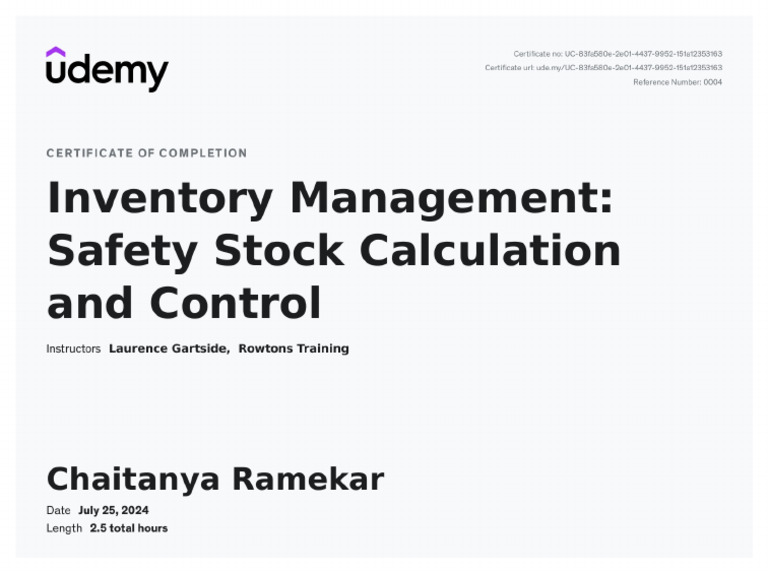 Inventory Management Safety Stock Calculation and Control - Certificate ...