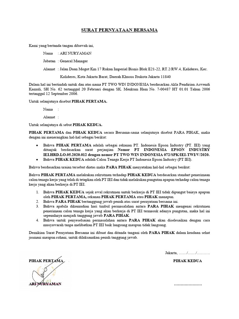 Surat Pernyataan Rekrutmen Tenaga Kerja | PDF