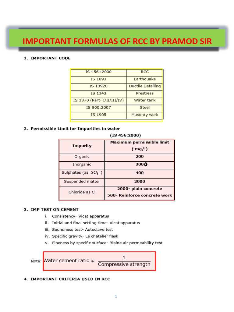 RCC Formulas and Guidelines | PDF | Strength Of Materials | Prestressed ...