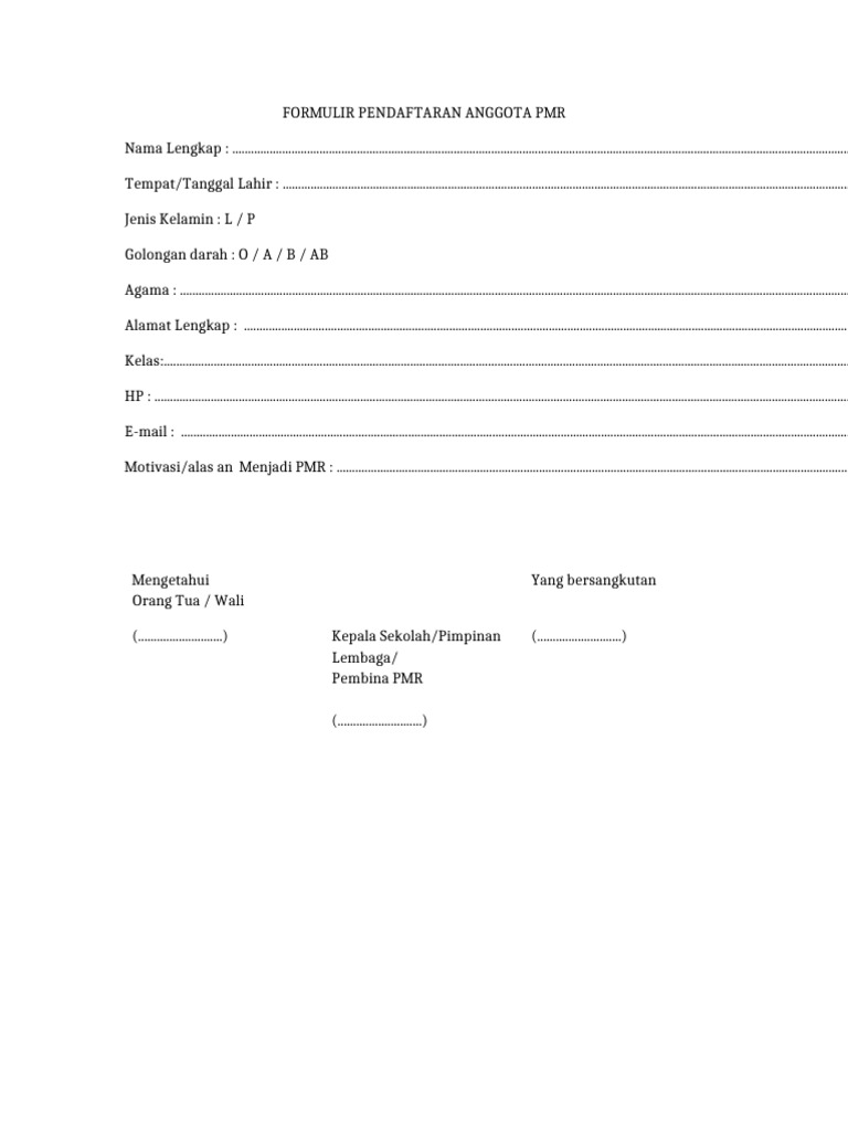 Formulir Pendaftaran Anggota PMR | PDF