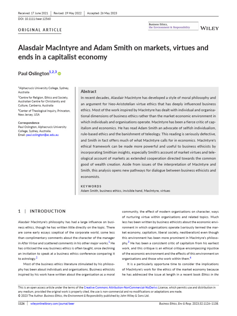 Business Ethics Env Resp - 2023 - Oslington - Alasdair MacIntyre and ...