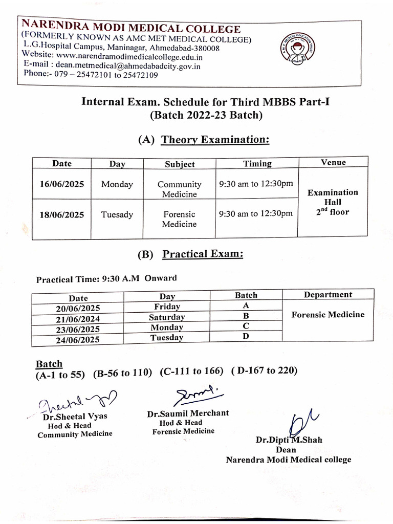 Internal Exam Schedule For Third Mbbs Part-1 | PDF