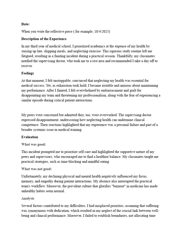 Health Example Reflective Piece | PDF | Well Being | Occupational Burnout