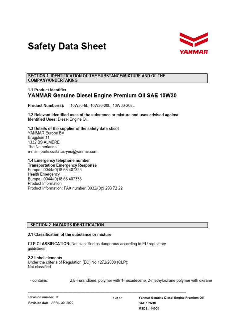 SDS Yanmar Genuine Diesel Engine Premium Oil SAE 10W 30 ENG | PDF ...