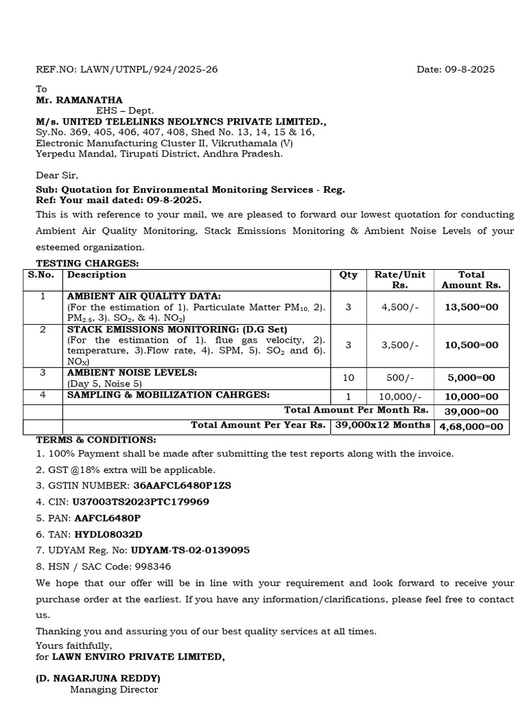 Quotation for Environmental Services | PDF