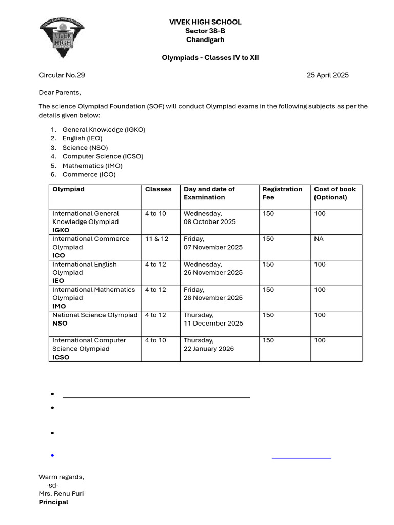 VIVEK High School Olympiad Circular 2025 | PDF