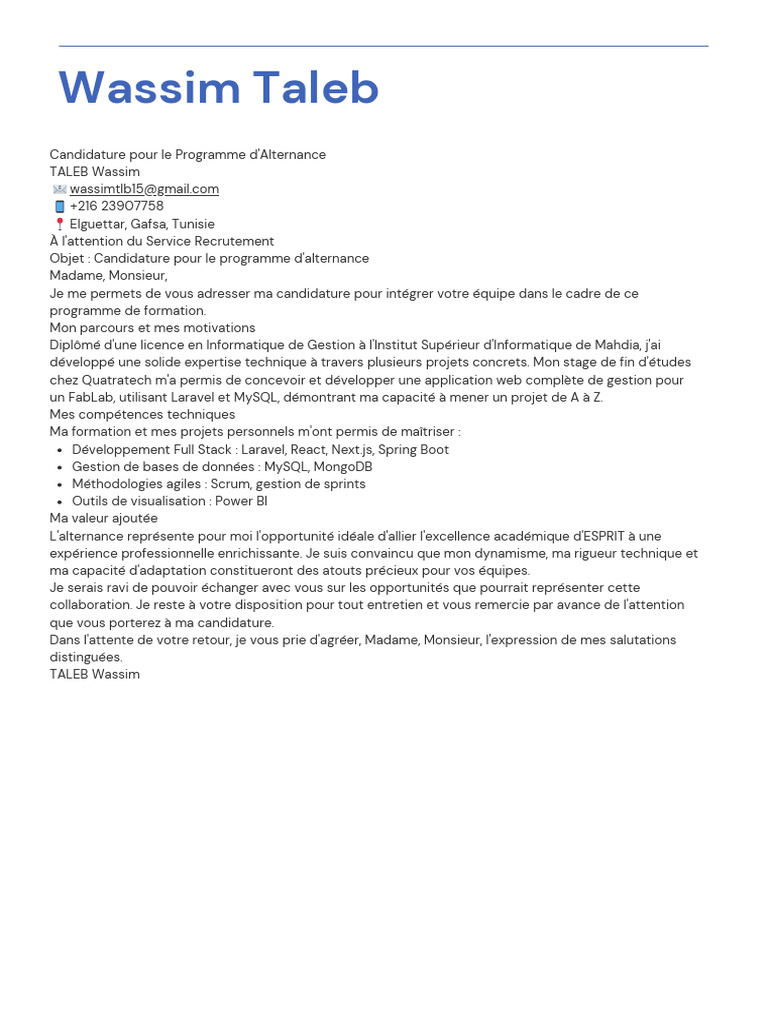Candidature Alternance Informatique Gafsa PDF — free download