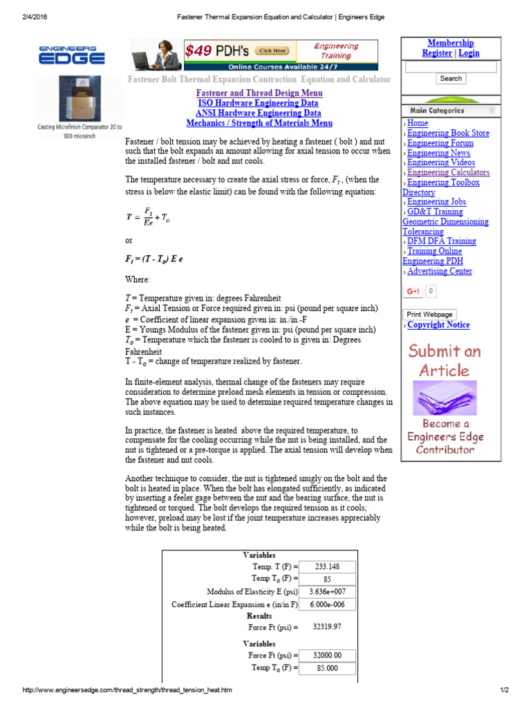 Fastener Thermal Expansion Calculator | PDF | Thermal Expansion | Young ...