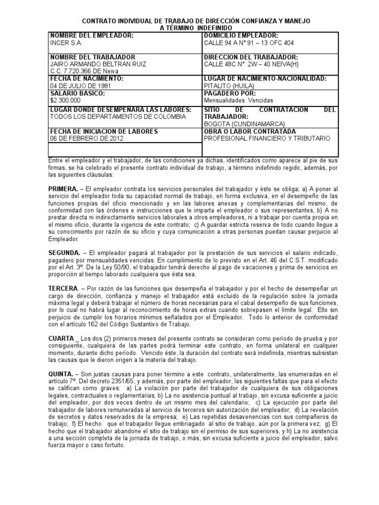 Modelo Contrato Direccion Manejo y Confianza a Termino 