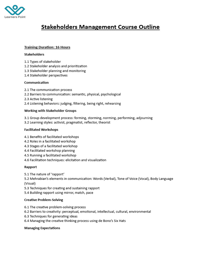 Stakeholder Management Course Outline | PDF