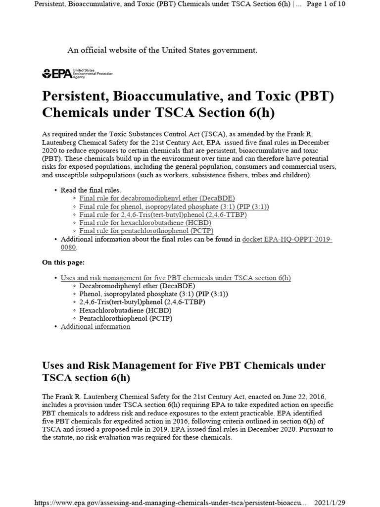 PBT Chemicals Regulations under TSCA | PDF | Chemical Substances ...