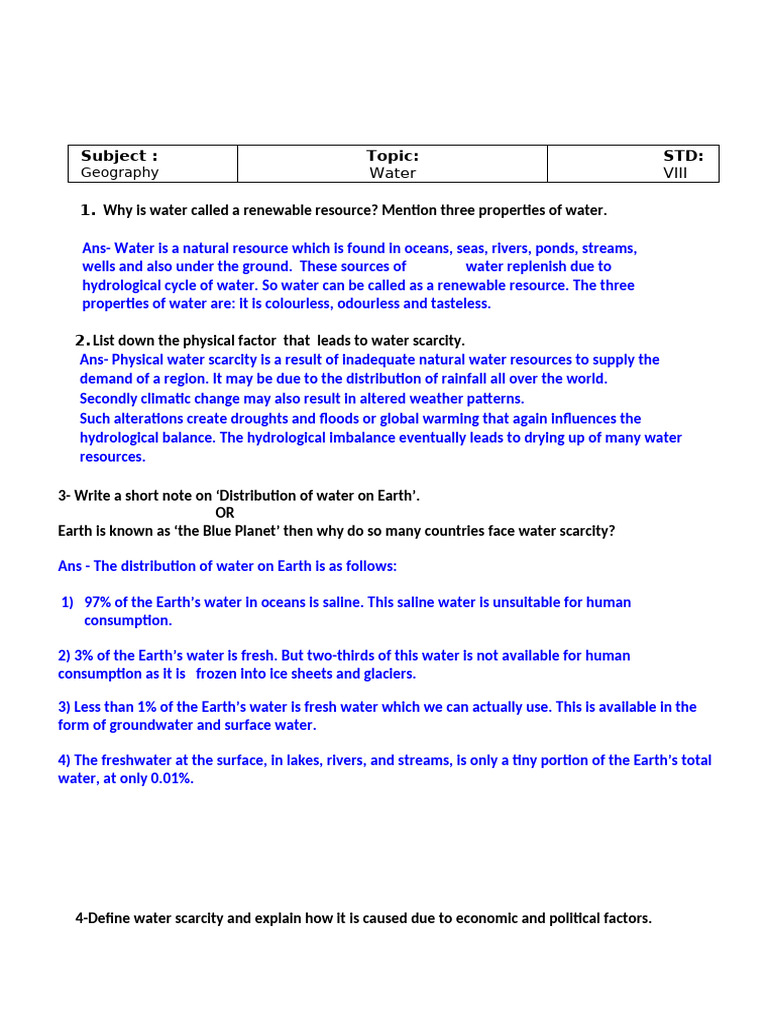 WATER Notes | PDF | Water | Water Scarcity