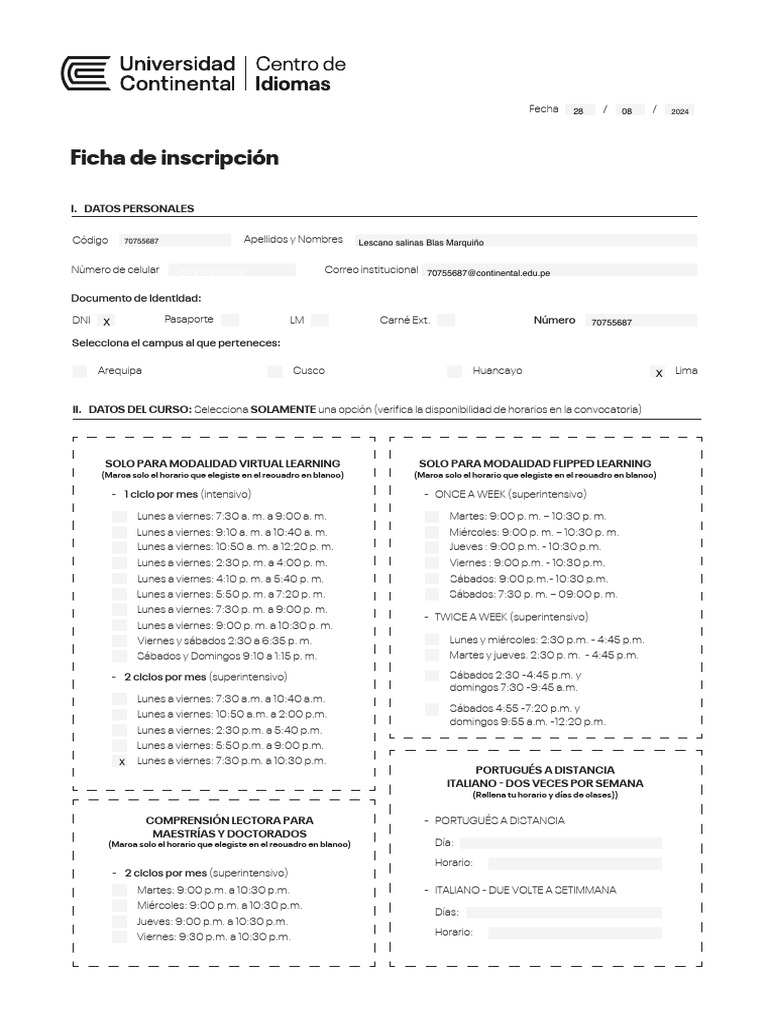 Horarios y Condiciones de Cursos de Idiomas | PDF