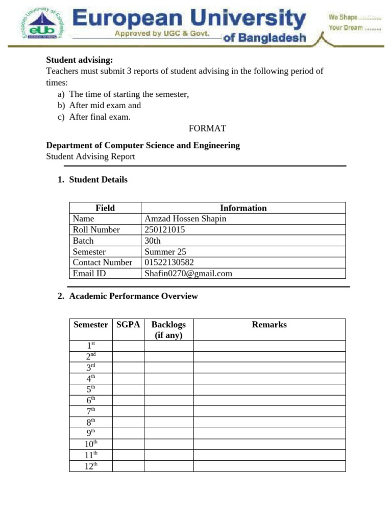 Student Advising Report Template | PDF