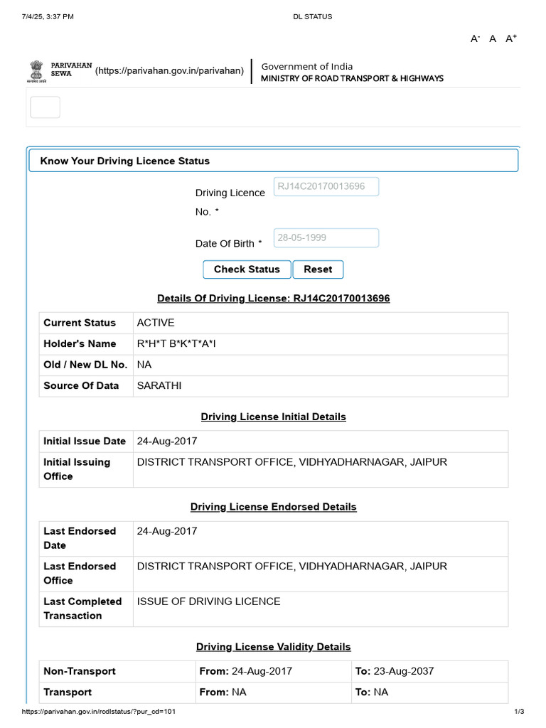 Driving License Status RJ14C20170013696 | PDF | Driver's License | Road ...