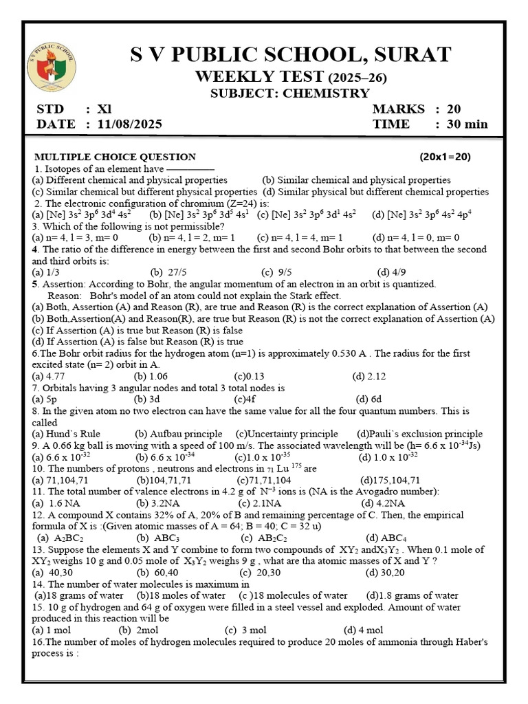 Chemistry Weekly Test for Std XI | PDF | Mole (Unit) | Atoms