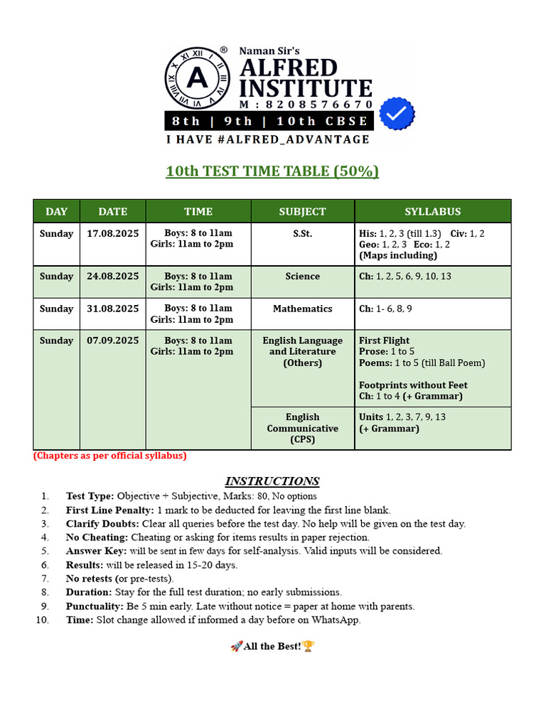 10th Grade Test Schedule 2025 | PDF