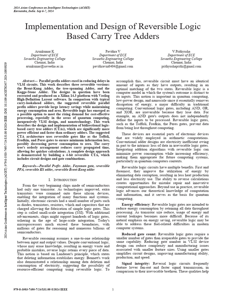 Reversible Logic Carry Tree Adders Design | PDF | Logic Gate ...