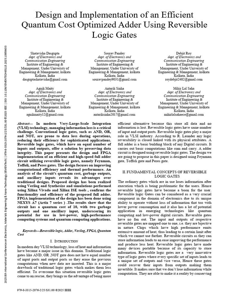 Efficient Quantum Adder with Reversible Logic | PDF | Logic Gate ...