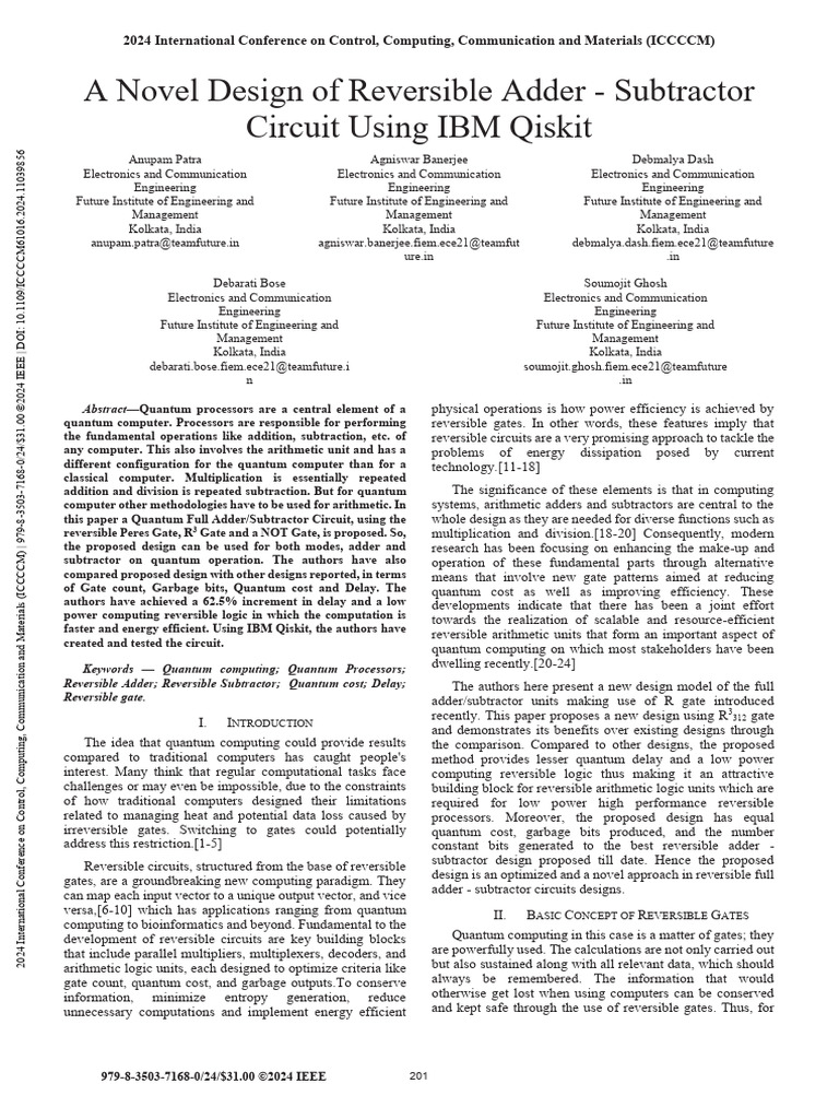A Novel Design of Reversible Adder - Subtractor Circuit Using IBM ...