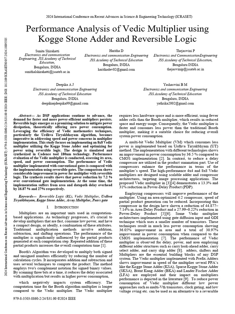 Performance Analysis of Vedic Multiplier Using Kogge Stone Adder and ...