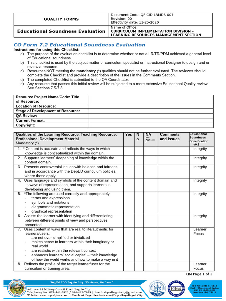 3 - QF-CID-LRMDS-007 CO-Form-7.2-Educational-Soundness-Evaluation | PDF ...