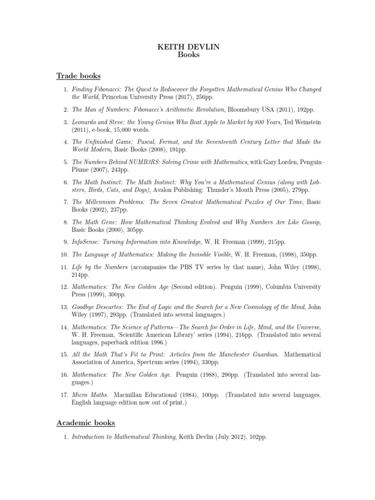 Keith Devlin's Notable Works in Mathematics | PDF | Mathematics ...