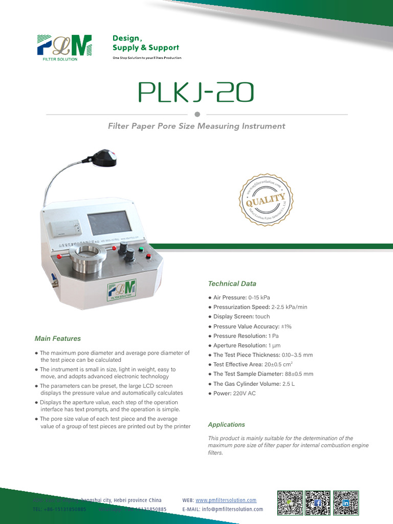 PLKJ-20 Filter Paper Pore Size Tester | PDF